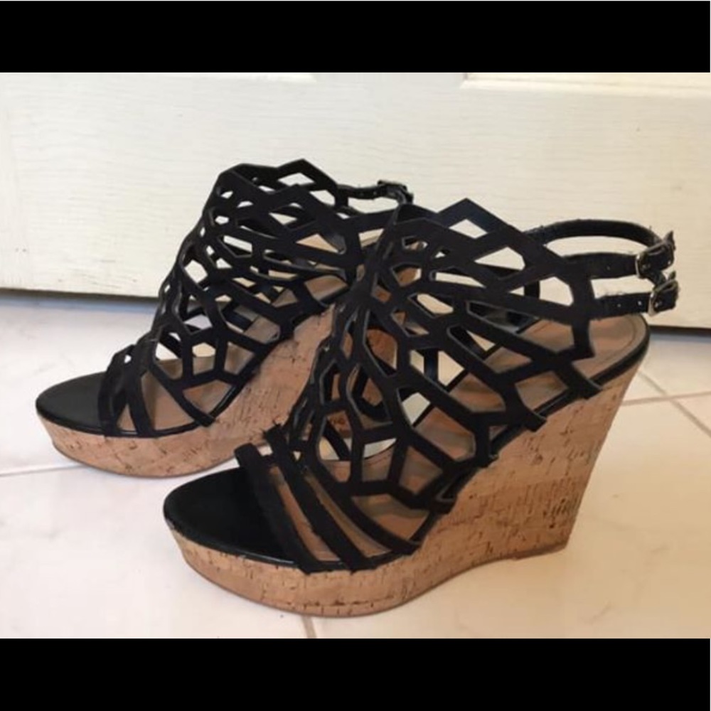 Black cutout cork wedge platform heel